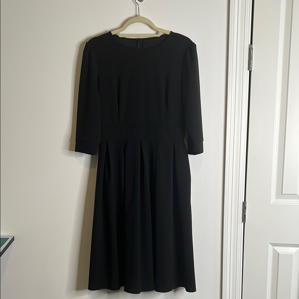Black Pleated A-Line Dress with 3/4 Sleeves
